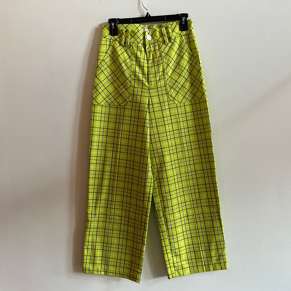 Lime green neon plaid wide leg pants